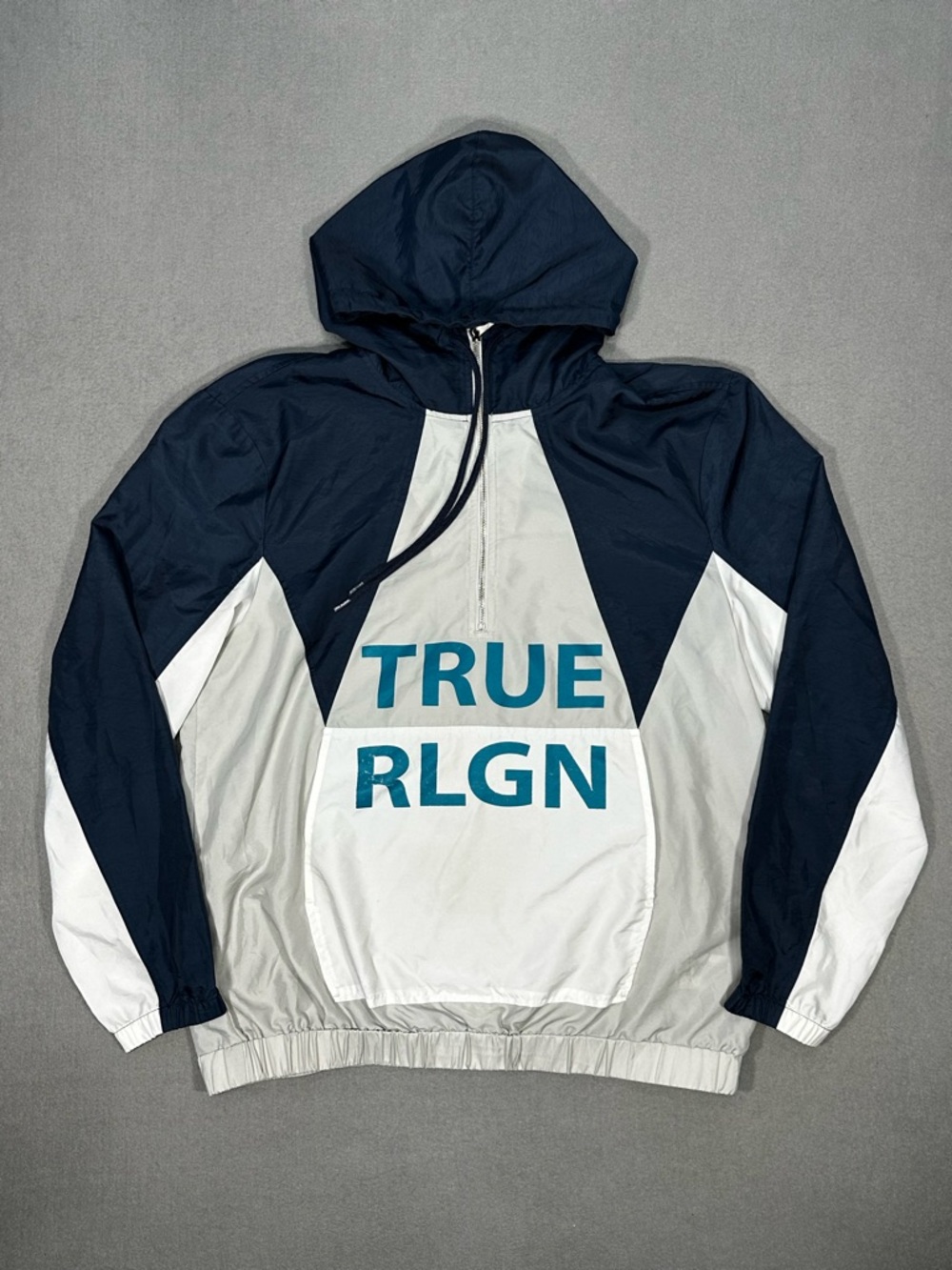 True Religion Men’s Windbreaker Size L Jacket Half Zip Hooded Anorak Colorblock